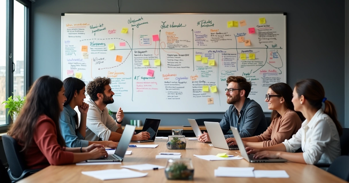 Equipe de marketing analisando sugestões de temas em quadros brancos 