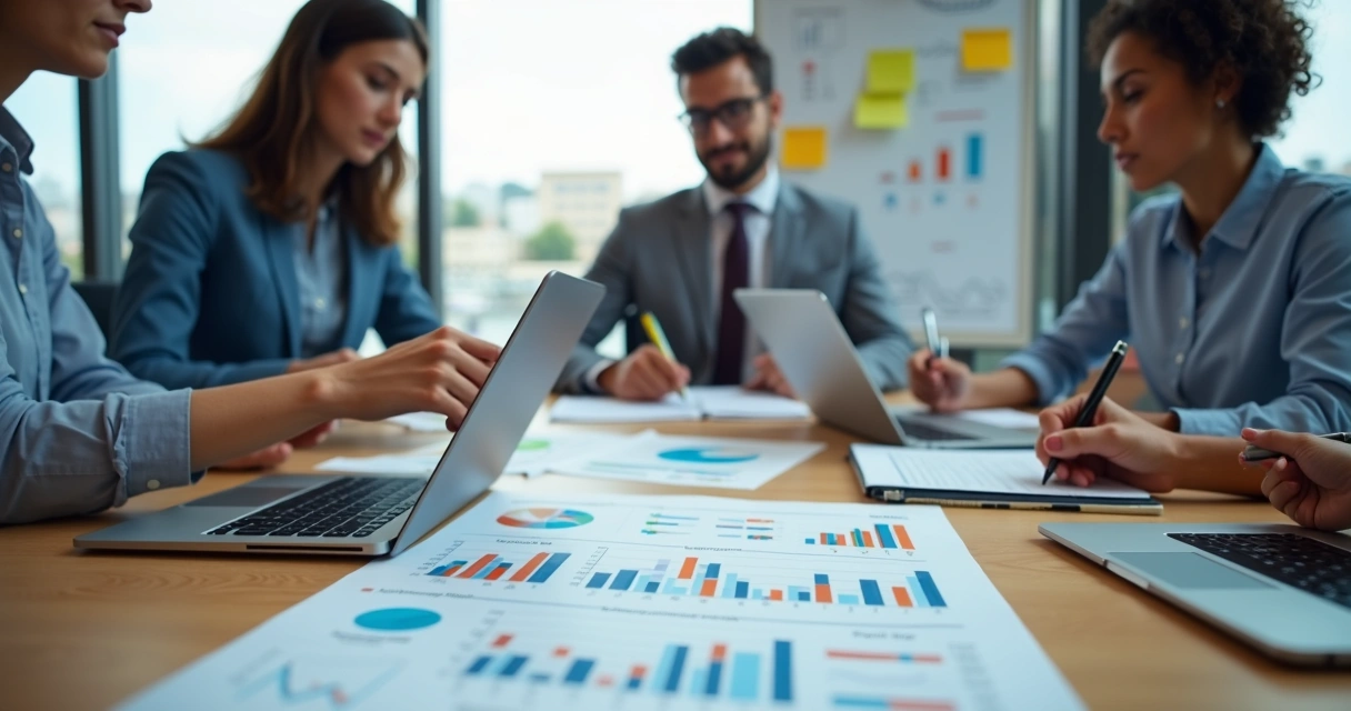 Empresários analisando business plan impresso com gráficos de crescimento em mesa de reunião 