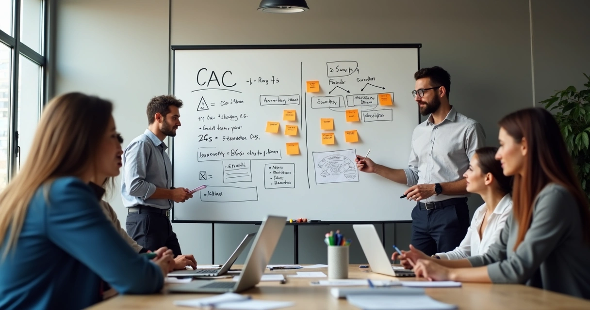 Equipe reunida planejando ações para reduzir CAC em quadro branco 