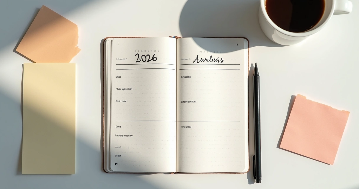 Caderno com plano semanal e caneta sobre mesa clara 