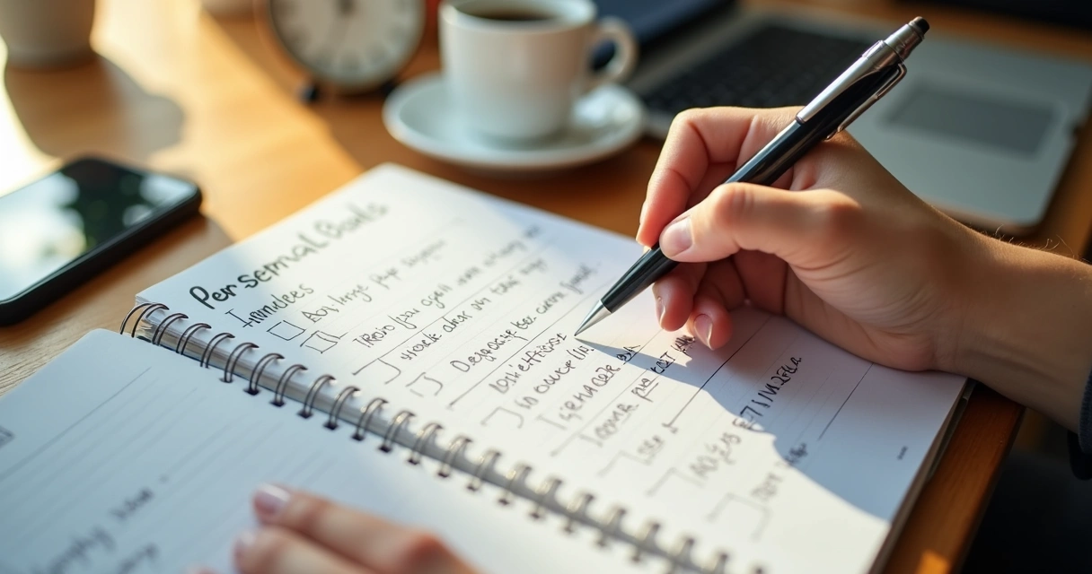 Caderno aberto com metas escritas e pessoa organizando rotina 