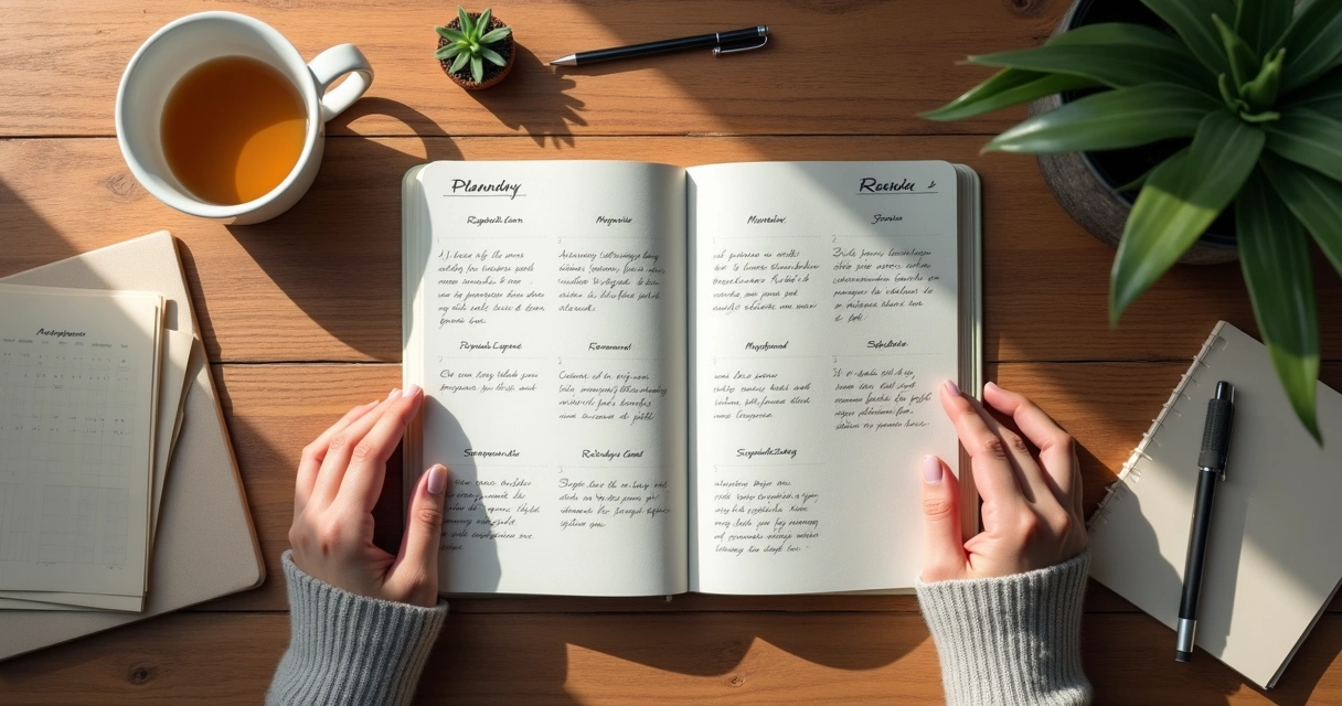 Caderno de planejamento com chá e prática de respiração 