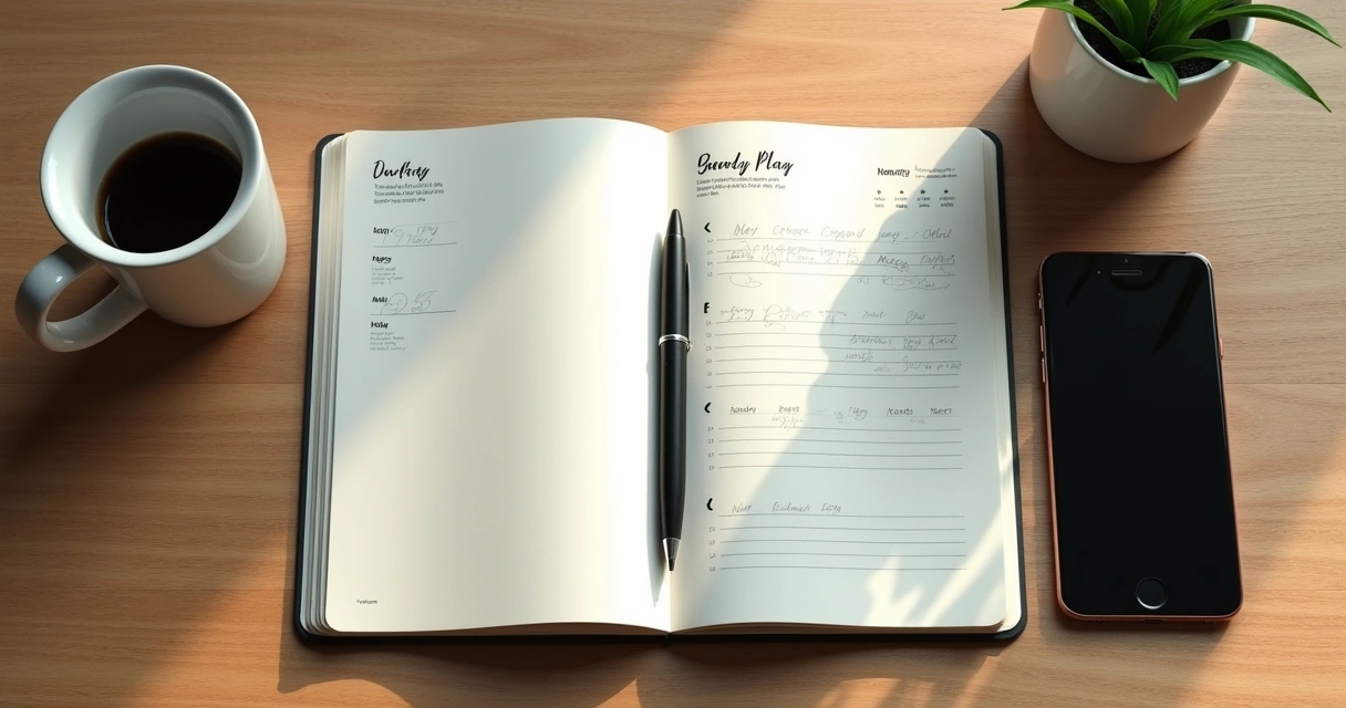Caderno com planejamento diário, café e celular sobre a mesa