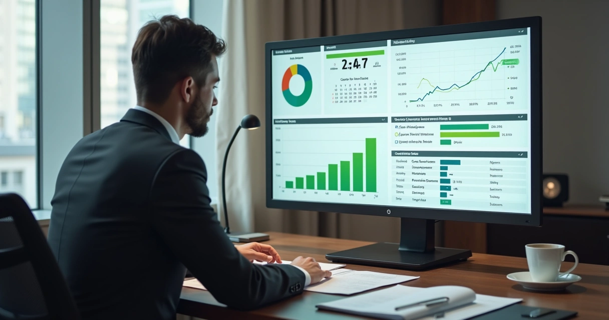 Gestor analisando fluxo de caixa e calendário tributário no computador 
