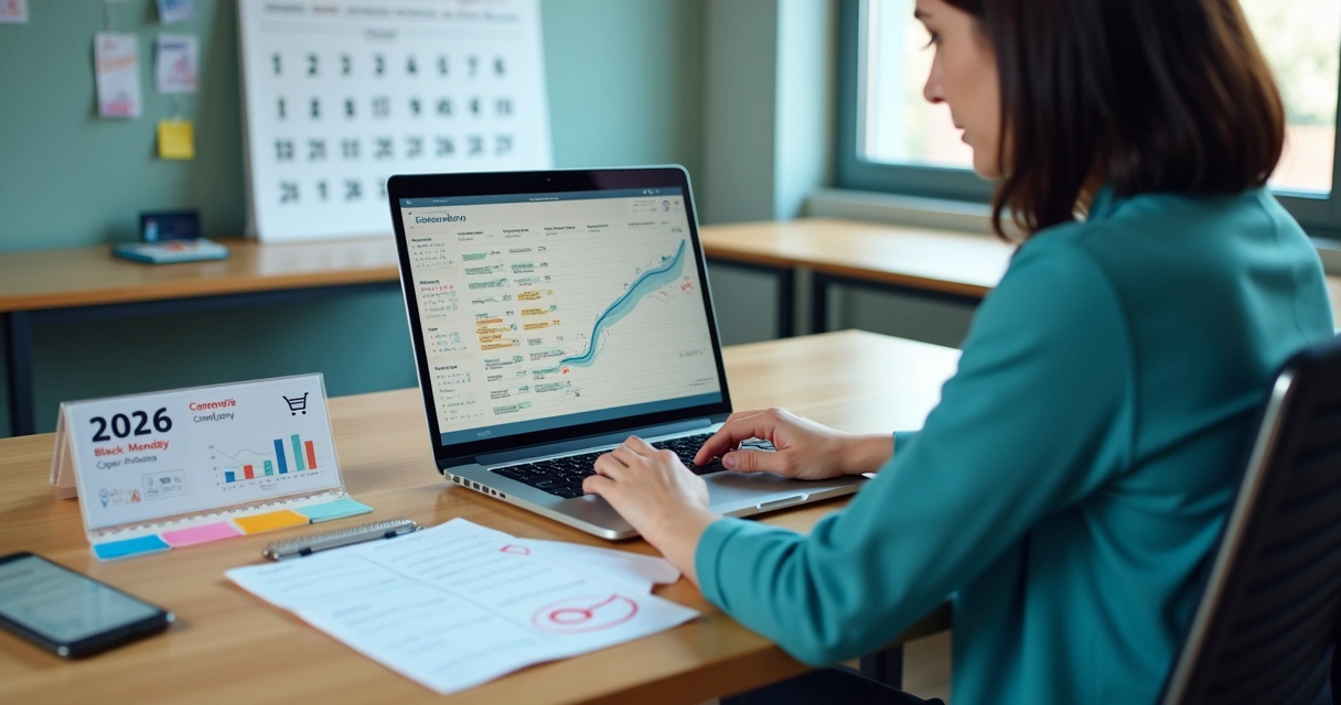 Empreendedor analisando calendário comercial de 2026 com gráficos de vendas de e-commerce na tela do notebook 