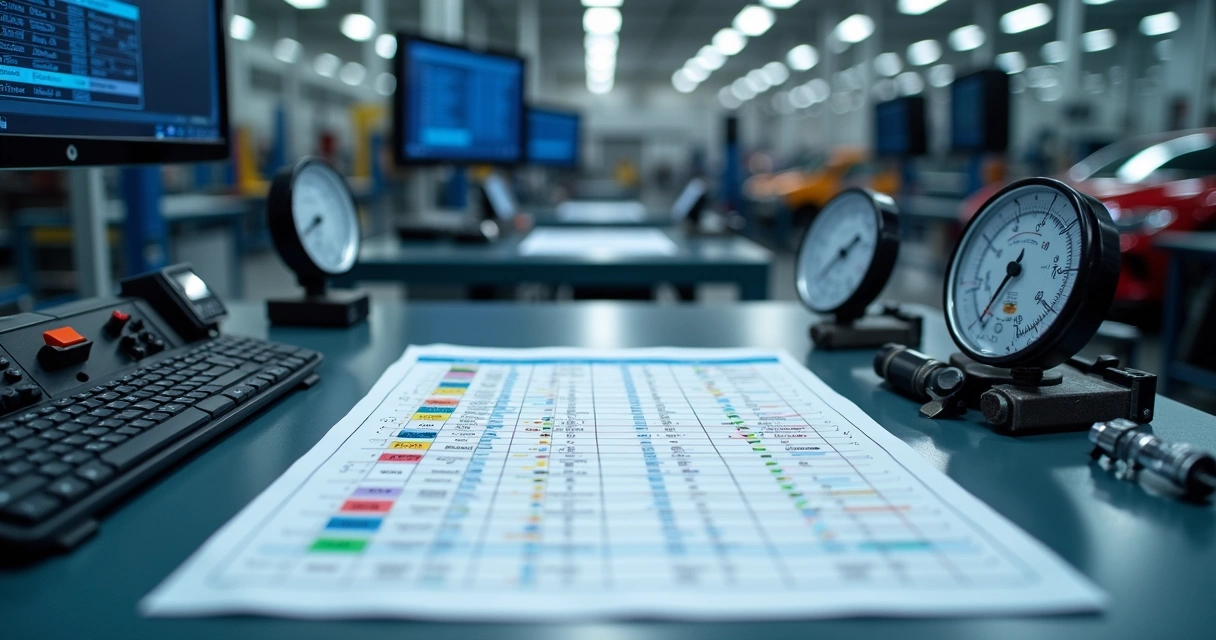 Mesa com equipamentos de medição e planilha de planejamento de calibração