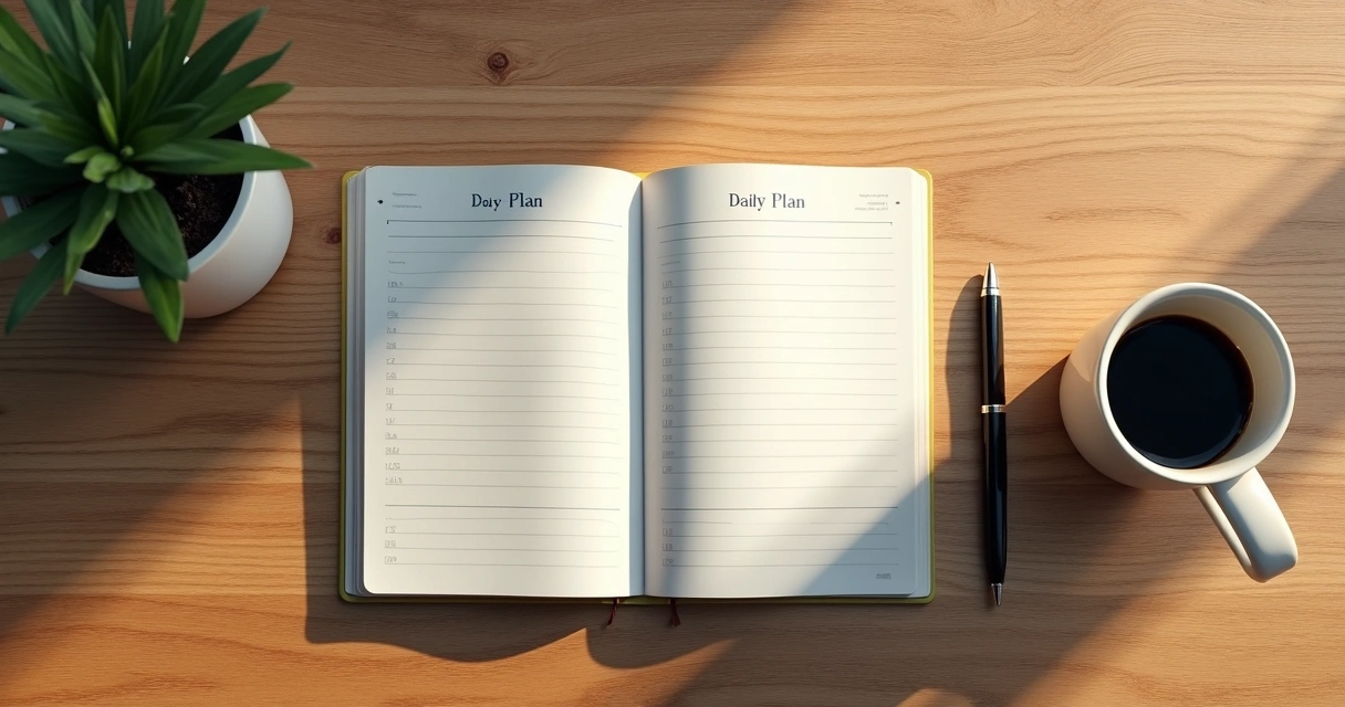Caderno aberto com planejamento do dia e xícara de café 