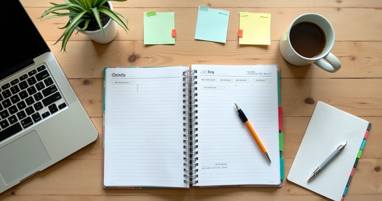 Mesa com planner, laptop e café em ambiente de trabalho 