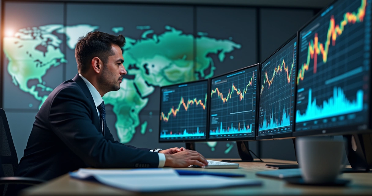 Empresário analisando gráficos financeiros em vários monitores 