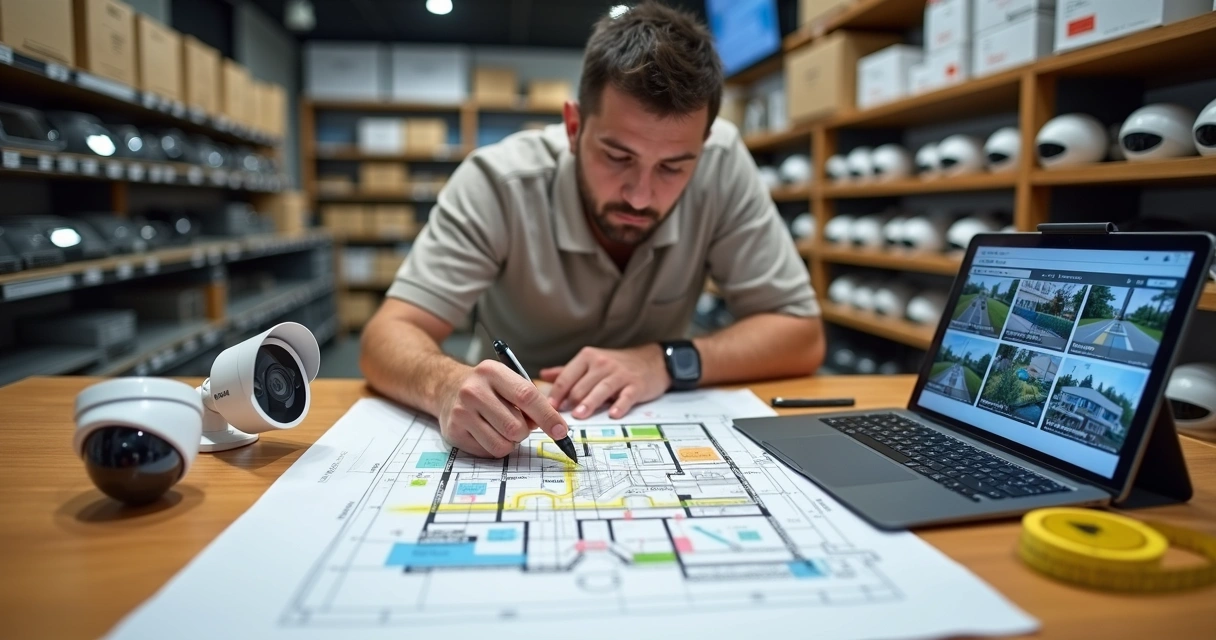 Técnico planejando instalação de câmeras de segurança com mapa e loja ao fundo 