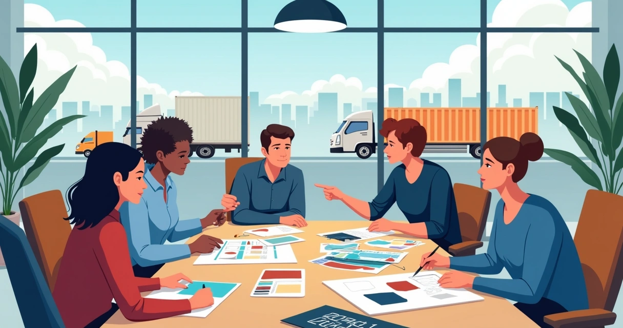 Planejamento de produção de camisetas em Indaiatuba, com pessoas analisando amostras de tecidos e pranchetas com ideias 