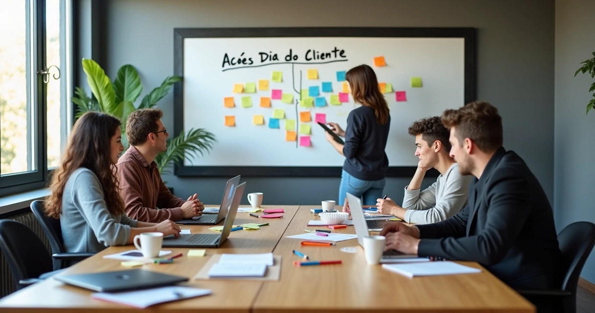 Equipe reunida planejando ações para o Dia do Cliente 