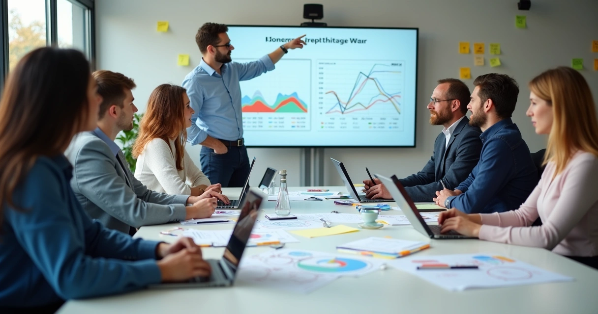 Equipe planejando campanha de ecommerce usando laptop e anotações 