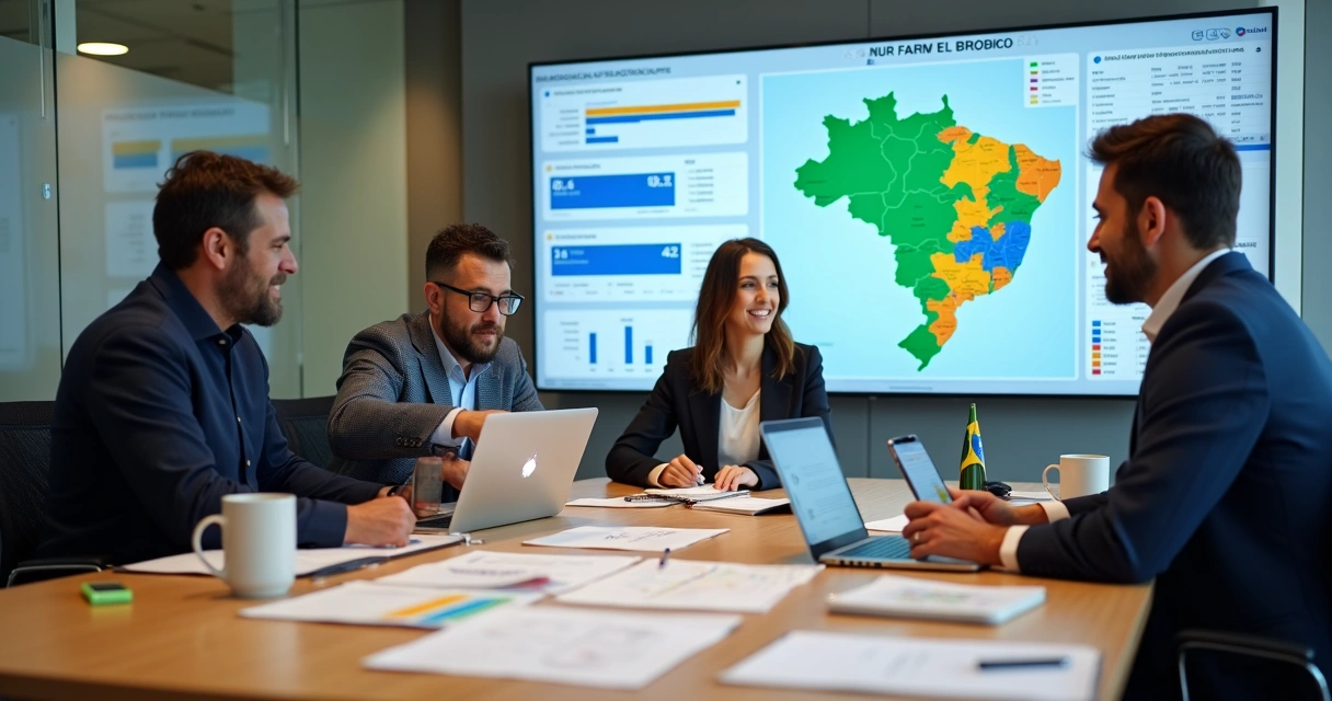 Mesa de equipe com computador mostrando mapa eleitoral e gráfico em reunião de planejamento de campanha 