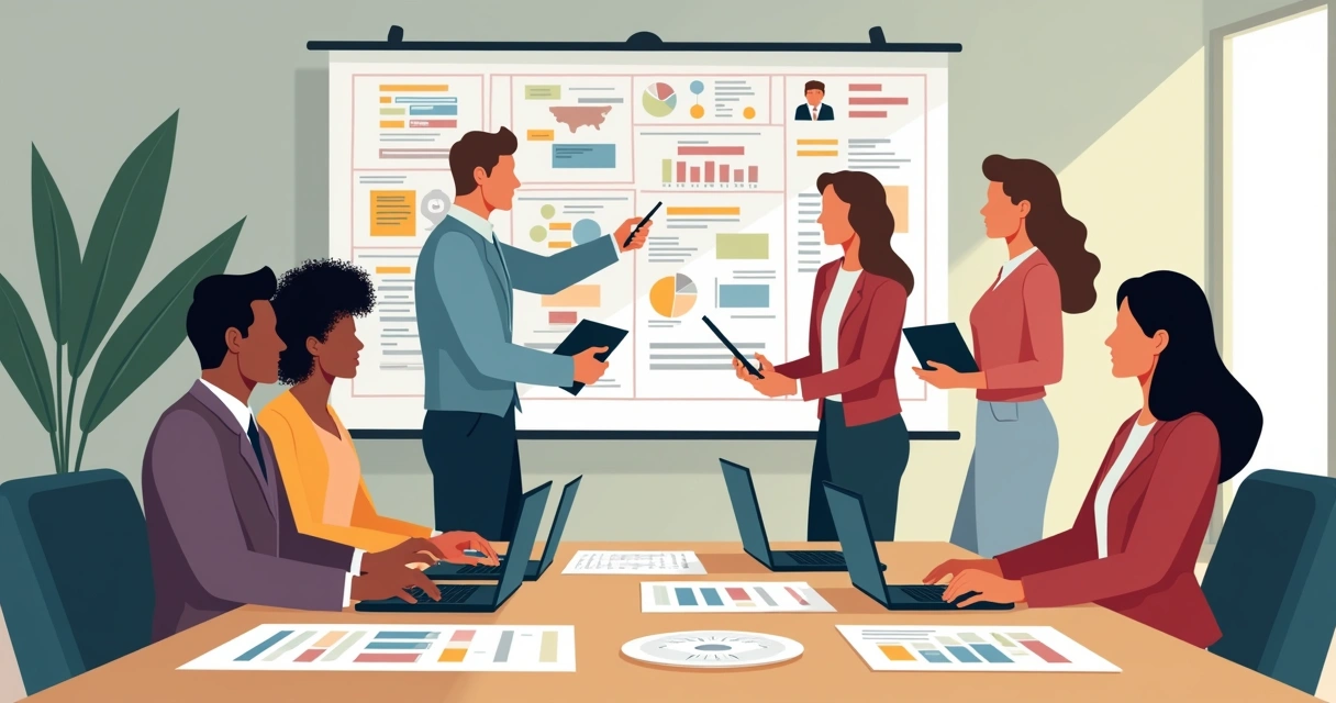 Equipe reunida acompanhando planejamento de campanha com quadros e laptops 