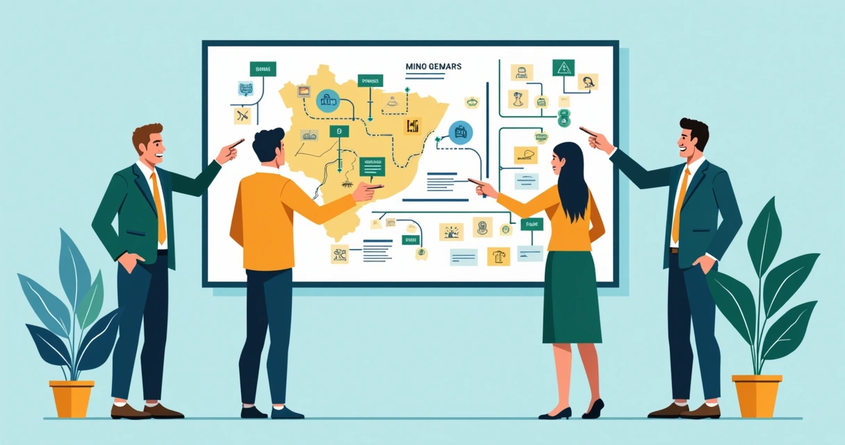 Equipe desenhando planejamento de campanha política em Minas Gerais em quadro branco com mapas e post-its 