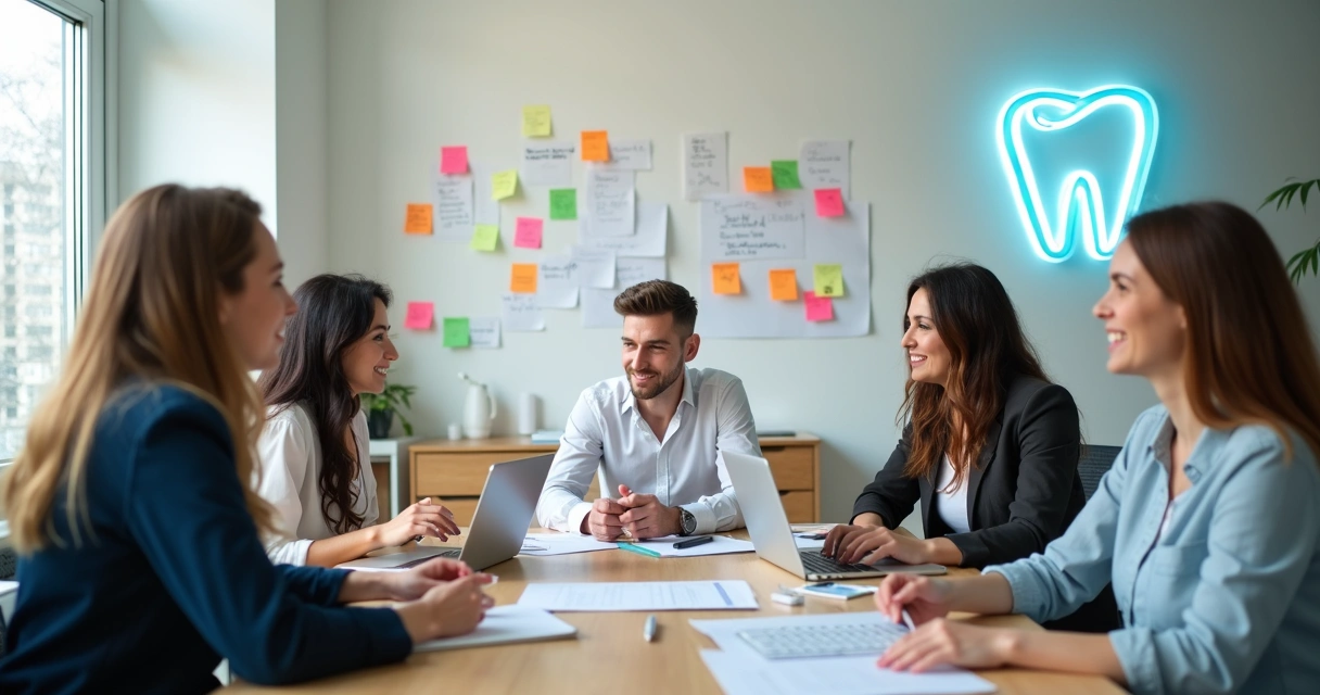 Equipe de marketing odontológico reunida planejando campanha sazonal