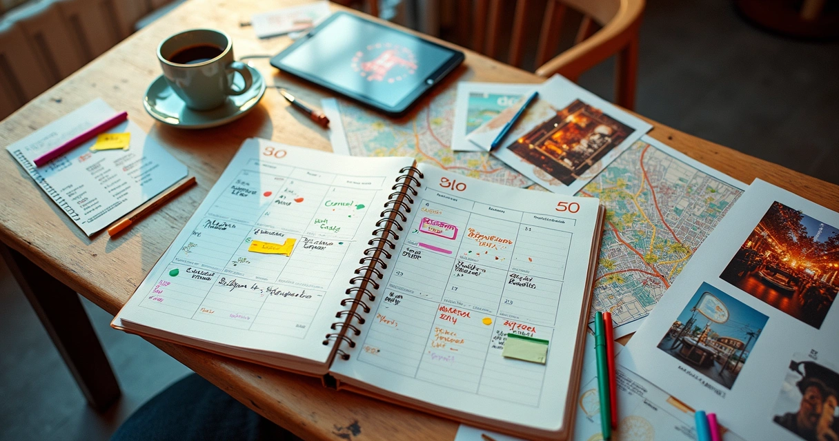 Mesa com calendário destacado, mapas de bairro e esboços de campanha OOH festiva 