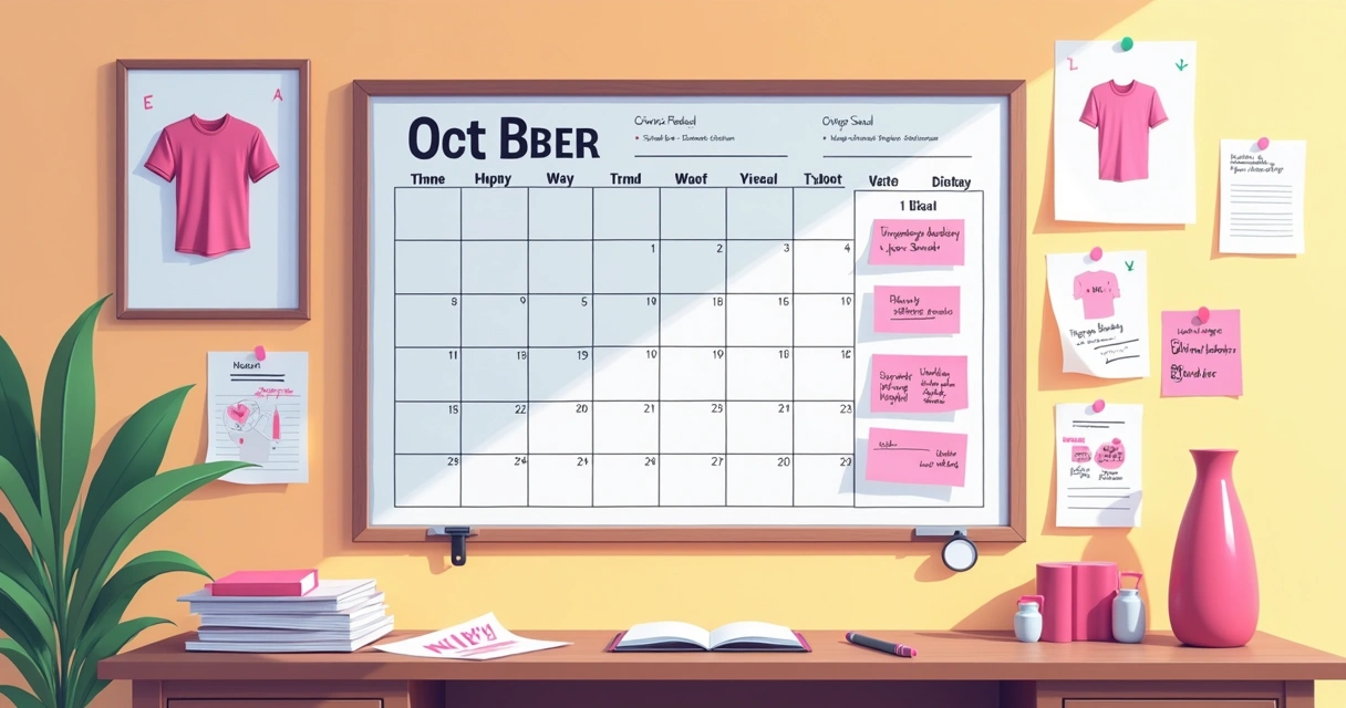 Painel de planejamento com calendário, camisetas e cronograma de campanha outubro rosa detalhado 