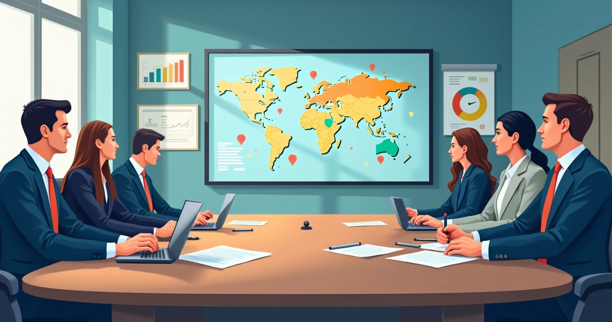 Reunião de planejamento de campanha com dados e gráficos em exibição 