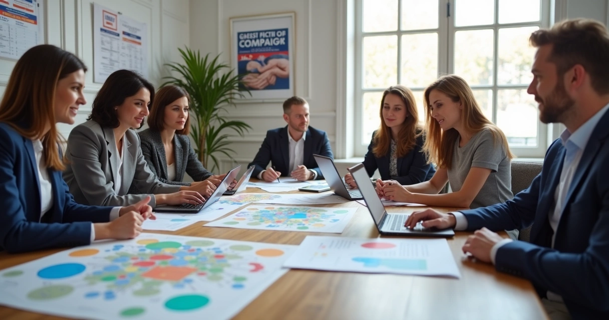 Mesa com equipe de campanha reunida, olhando mapas e gráficos coloridos 