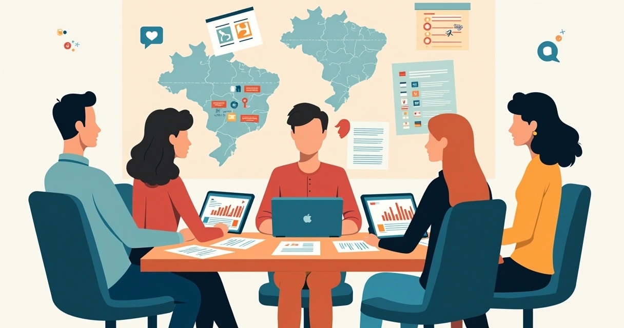 Mesa de trabalho com equipe organizando materiais e gráficos de campanha política