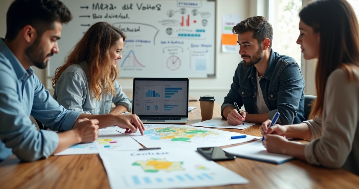 Mesa de reunião com equipe planejando campanha política com mapa e notebook 