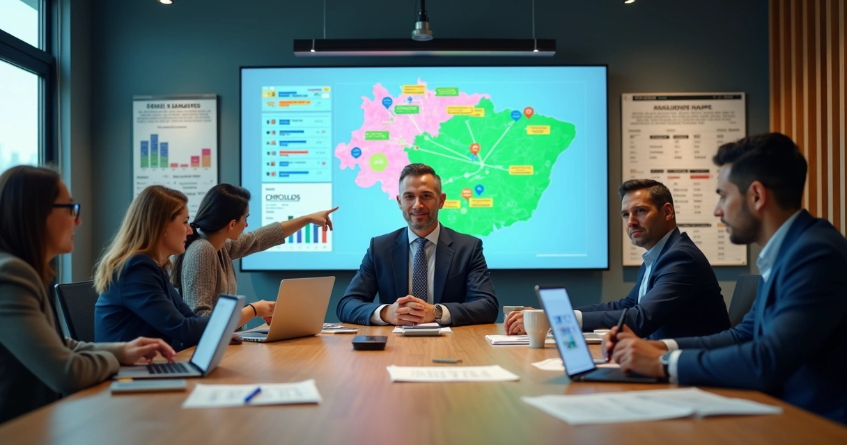 Mesa de campanha política com candidato e equipe analisando mapas e gráficos 