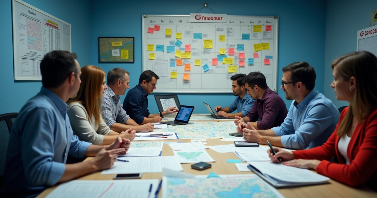 Equipe política analisando mapa e agenda de campanha 