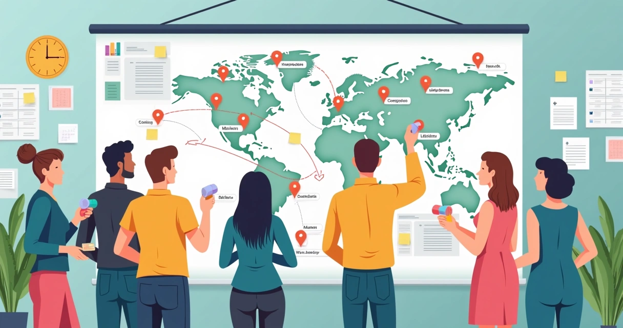 Mapa estratégico de campanha política em quadro branco, equipe analisando e apontando tarefas