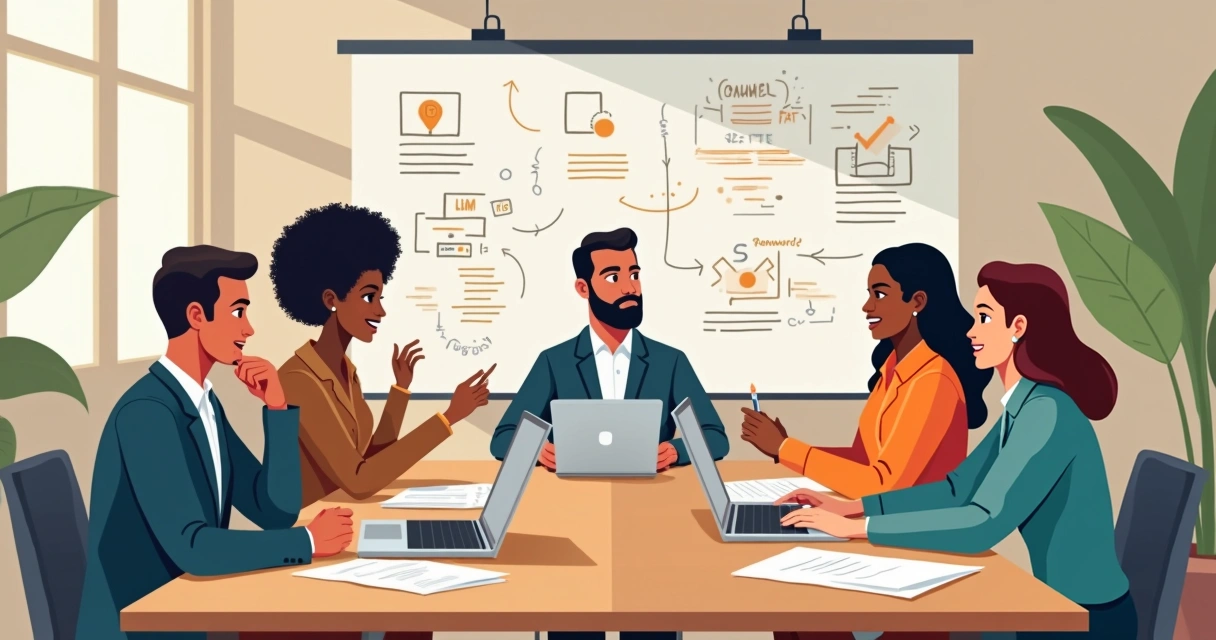 Equipe reunida ao redor de mesa estrategizando campanha política, quadros com metas ao fundo 