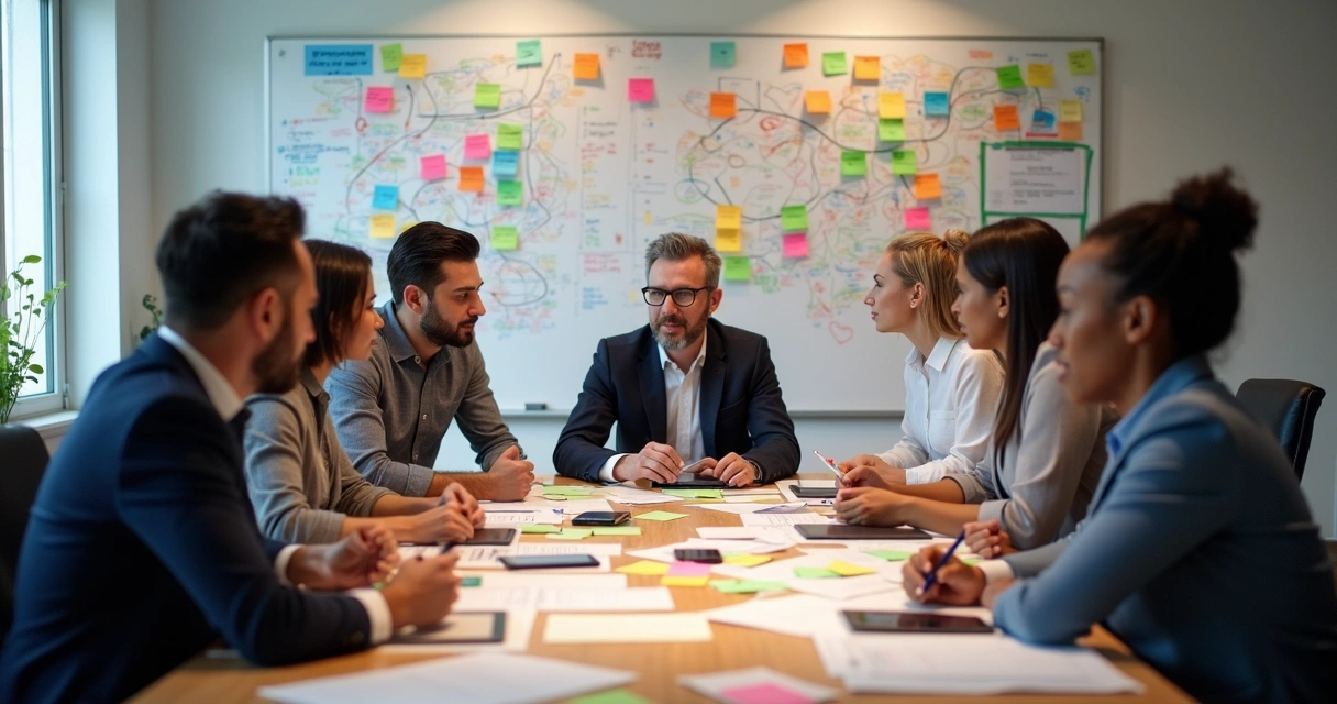 Equipe de campanha reunida planejando ações em frente a um quadro com gráficos e agenda 