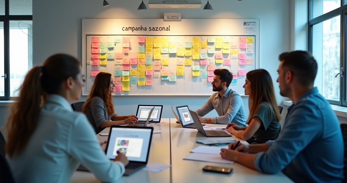 Equipe analisando calendário e plano de campanha sazonal 