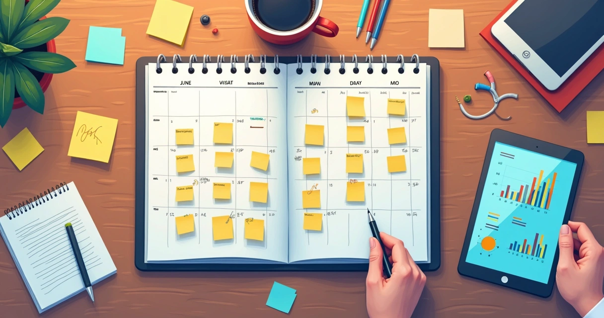 Calendário colorido com anotações de datas comemorativas 