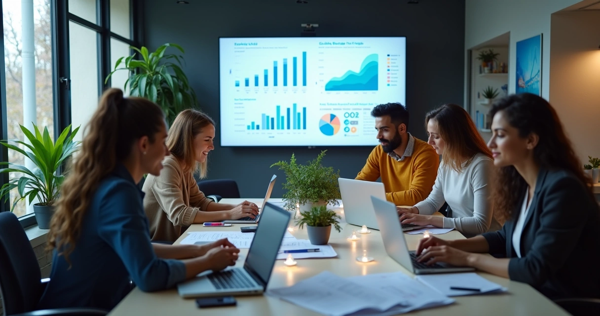 Equipe de marketing reunida analisando painéis e gráficos de campanhas 