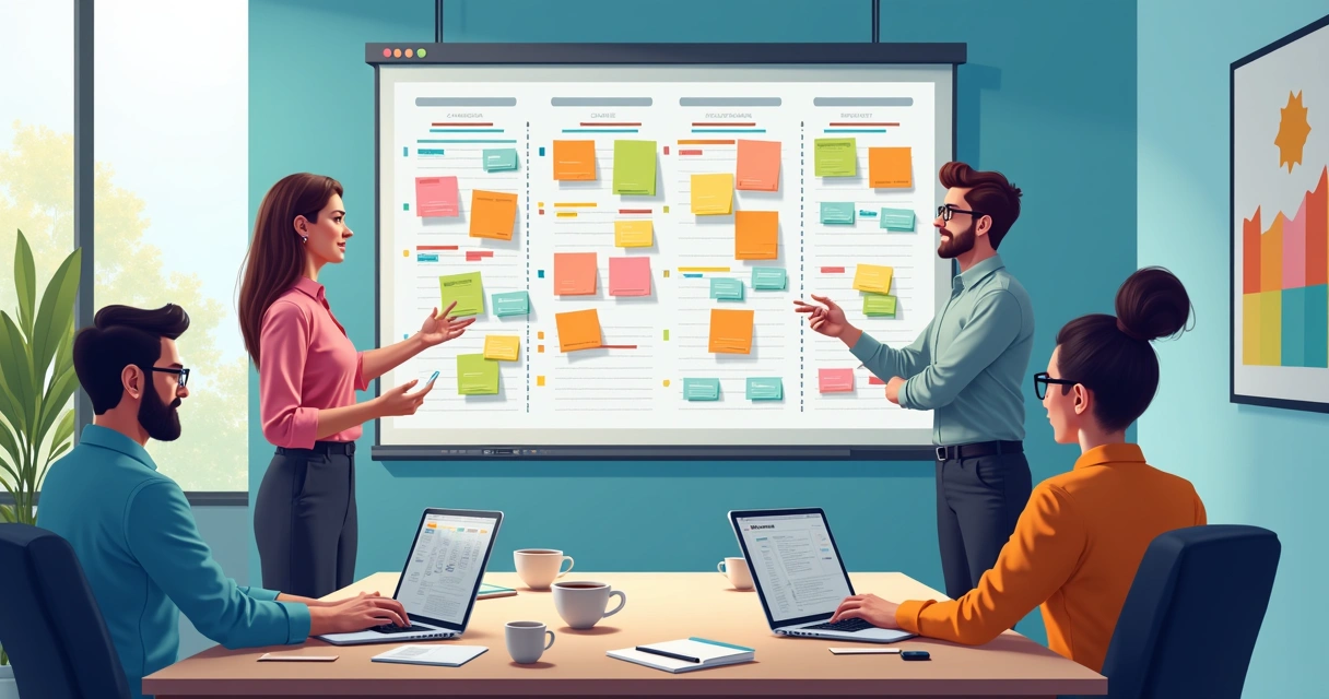 Quadro de planejamento estratégico de campanha digital com gráficos e post-its 