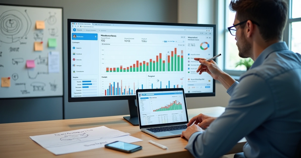 Gestor analisando painel de campanhas digitais em loja virtual 