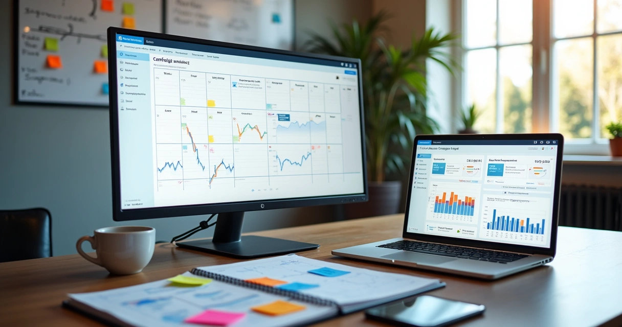 Profissional analisando calendário sazonal e gráficos de desempenho em campanha de marketing digital 