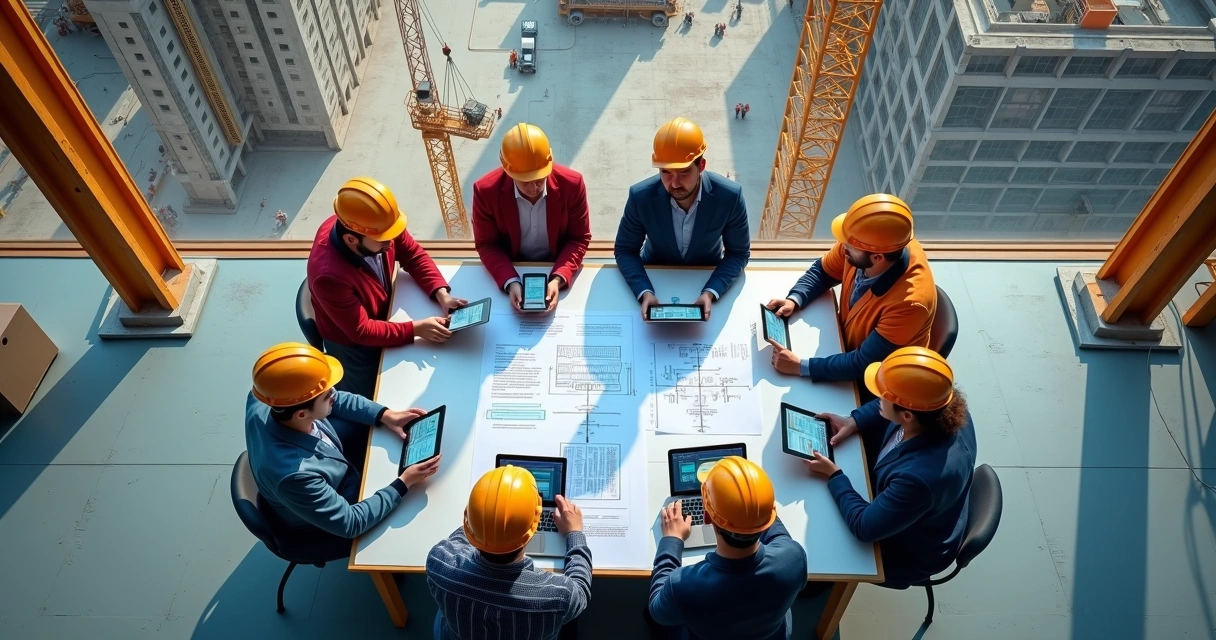Visão superior de um canteiro de obras moderno com trabalhadores reunidos em volta de uma mesa com tablets e plantas digitais 