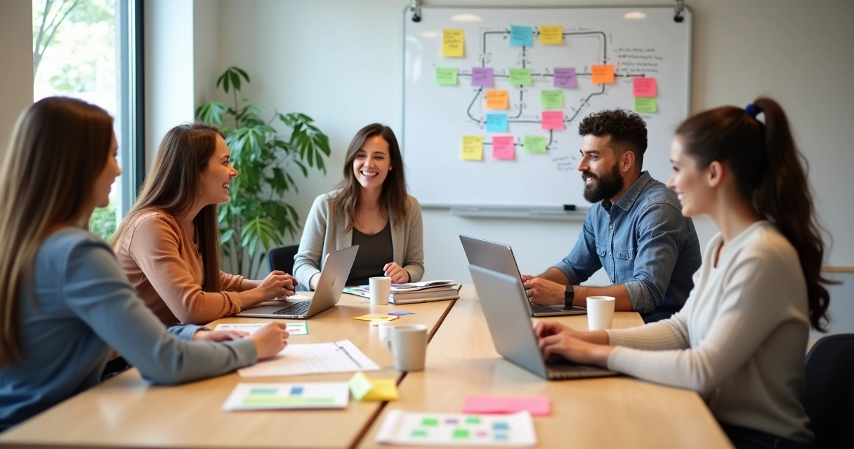 Equipe de gestão escolar reunida fazendo planejamento de captação com post-its, laptops e gráficos na mesa 