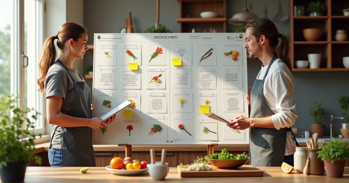 Duas pessoas revisando um quadro de planejamento de cardápio de cozinha