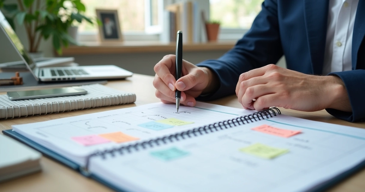 Advogado planejando carreira jurídica com anotações e calendário