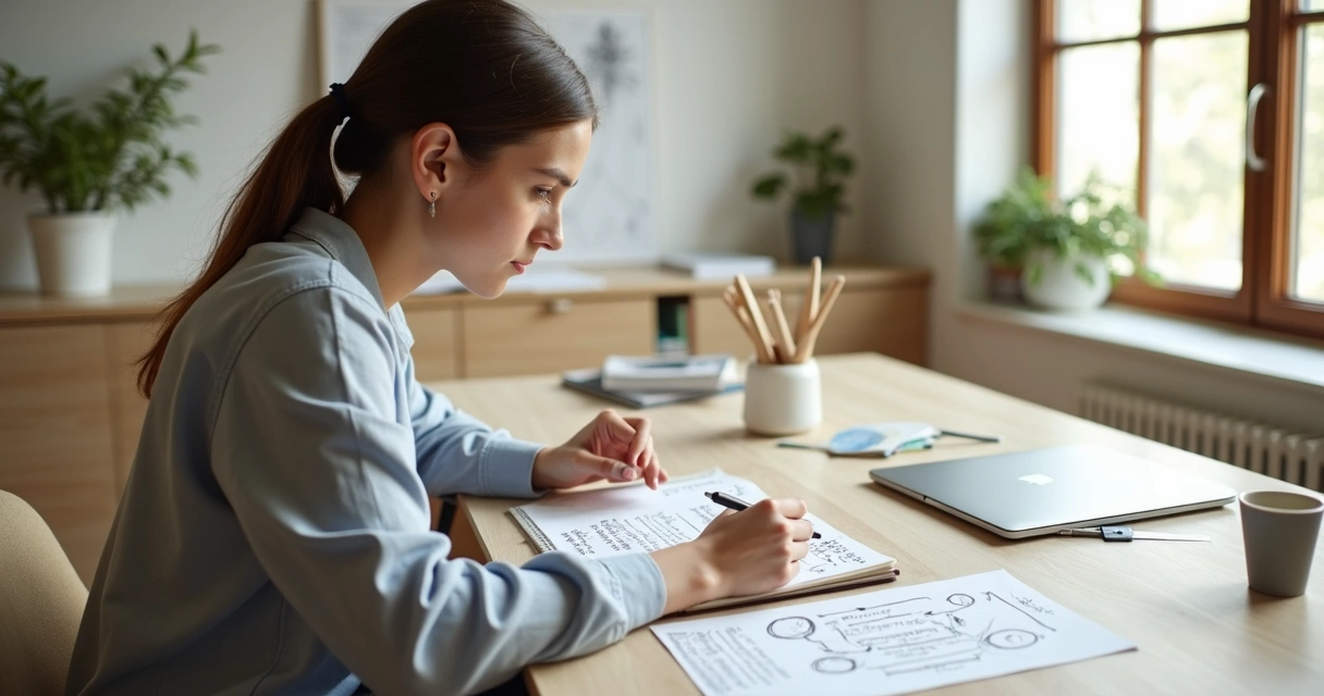 Profissional sentado à mesa planejando carreira com caderno e notebook 
