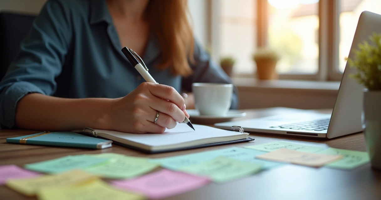 Pessoa escrevendo em caderno enquanto reflete sobre sua trajetória profissional 