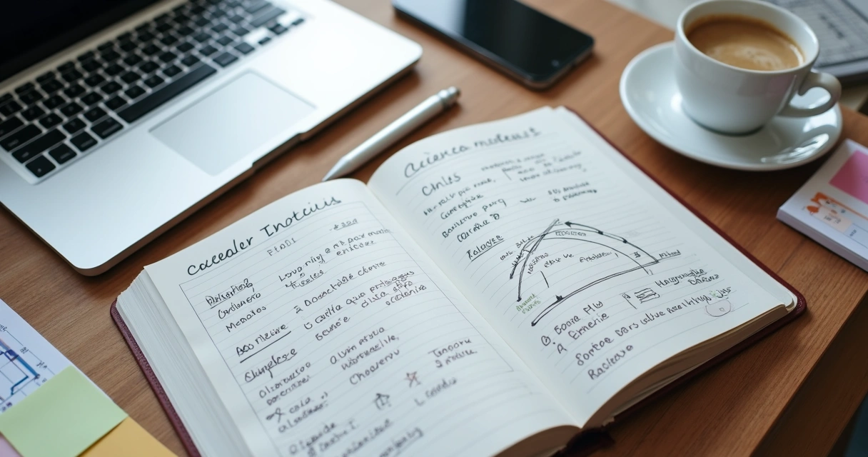 Caderno com metas de carreira e laptop na mesa 