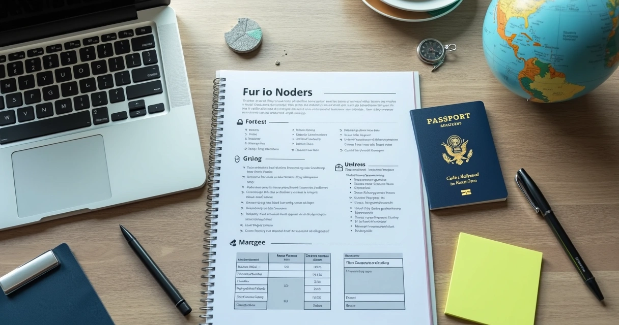 Mesa com currículo, passaporte e planejamento de carreira global