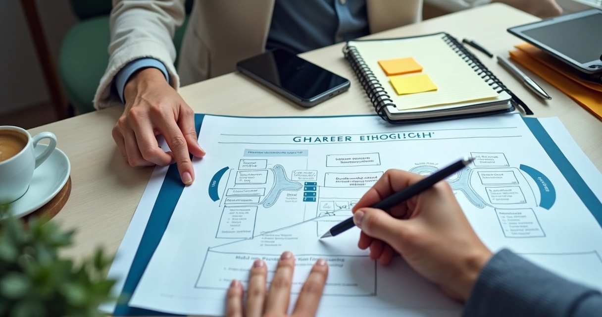 Planejamento de carreira e liderança em mesa de trabalho