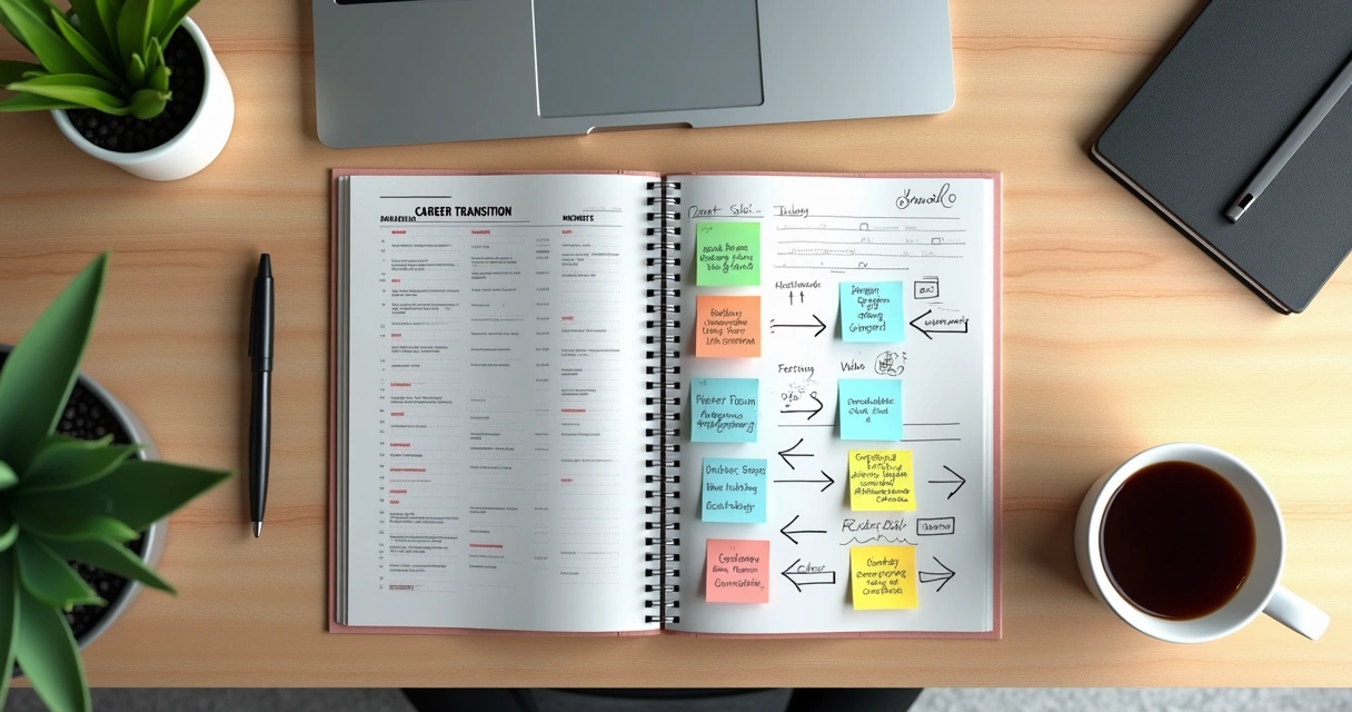 Mesa com caderno, calendário e anotações de transição de carreira 