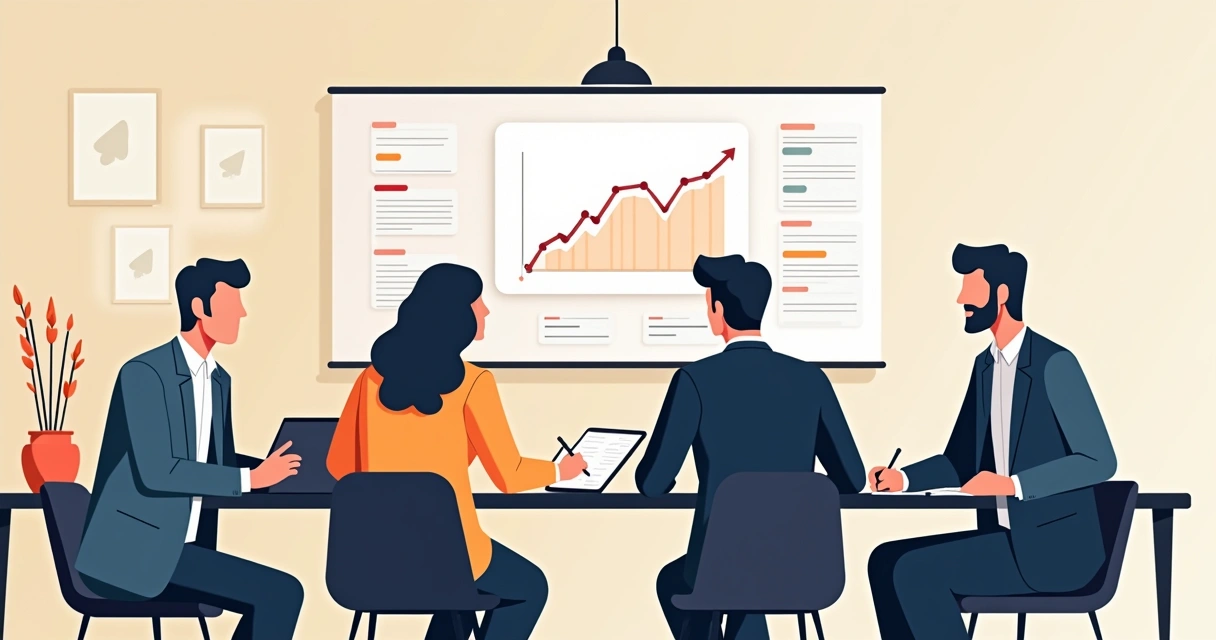 Profissionais reunidos discutindo plano de carreira com gráficos na mesa. 