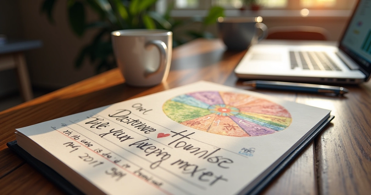 Mesa com papéis, caneta, xícara de café e mapa de valores desenhado.